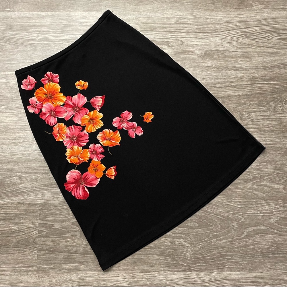 LOFT Black with Orange & Pink Floral Printed Midi-Length A-Line Skirt Size 4